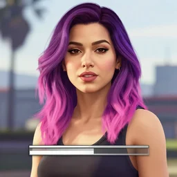 a stunning GTA V loading screen with a beautiful woman with ombre hairstyle in purple and pink blowing in the wind, outrun, vaporware, palm trees, retro, beautiful sky with cumulus couds, golden ratio, digital art, trending on artstation
