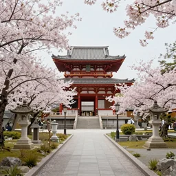 A pathway to a temple with sakura trees in full bloom, digital art