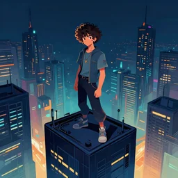 a curly - haired persian guy standing on top of a building over a city, cyberpunk art by vincent lefevre, behance contest winner