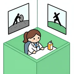 a graphic novel line drawing of a cute brown haired female doctor with a ponytail, sitting behind a desk in a green cubicle, on the desk is an orange juice box. On the wall hangs a poster of sisyphos pushing a rock up a  hill. Drawn in isometric perspective