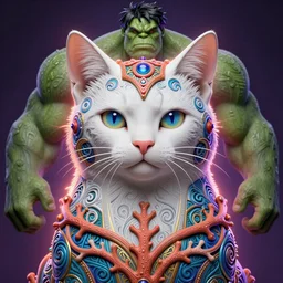portrait of cat as the hulk, hyperdetailed illustration by irakli nadar and alexandre ferra, volumetric lighting, celtic fantasy art, psychedelic, intricate, hyper detailed, smooth, vibrant aura, intricate linework, white porcelain skin, faberge, coral