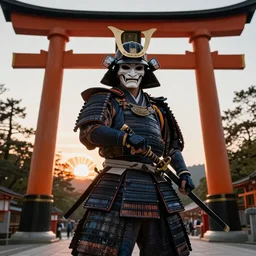 a godlike and indomitable helmeted and masked samurai posing with their realistic detailed katana and wakizashi under an enormous Torii gate, the Japanese rising sun in the background. Badass pose. Photo realistic. Award winning. Masterpiece, exquisite detail, post processing