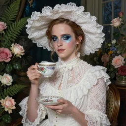 big eyes full body fashion model emma watson smokey eyes makeup eye shadow textured film grain oil on canvas fantasy, glow, shimmer as victorian woman in a long white frilly lace dress and a large white hat having tea in a sunroom filled with flowers, roses and lush fern flowers ,intricate, night, highly detailed, dramatic lighting , high quality