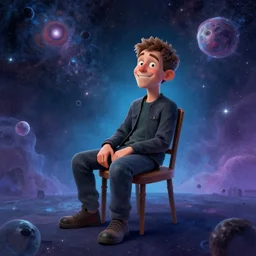 alone but happy on a chair at the end of time. cosmic digital art pastelpiece masterpiece trending on artstation by noel fielding, beeple, james gunn, gorillaz, marvel studios and dr seuss. hyper detailed portrait with 4 k macrolens, curated by beeple, unreal engine, art station and emmy winning gorillaz.