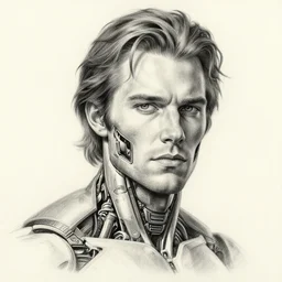 a hyper detailed pencil drawing of jensen ackles as a cyborg, portrait, 8 k, greg rutkowski, volumetric lighting, octane render, alphonse mucha