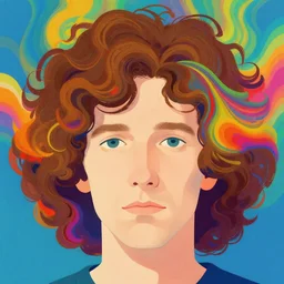 a colorful vibrant closeup portrait of a simple caucasian man with curly mid length brown hairs with a calm aesthetic face and dreaming psychedelic hair, by kawase hasui, moebius, edward hopper and james gilleard, zdzislaw beksinski, steven outram colorful flat surreal design, hd, 8 k, artstation