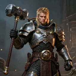 A fantasy comic book style portrait painting of a warforged cleric, holding a hammer, unreal 5, DAZ, hyperrealistic, octane render, cosplay, RPG portrait, dynamic lighting