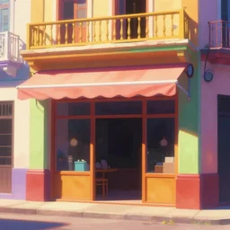 beautiful painting of a colorful cuban storefront, close up front view, animation, digital art, graphic shapes, trending in artstation, sun ise cinematic lighting, art style by disney, pixar and sony pictures