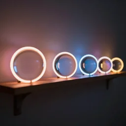 neon orbs lined up on a shelf by concept artists, blunt borders, rule of thirds