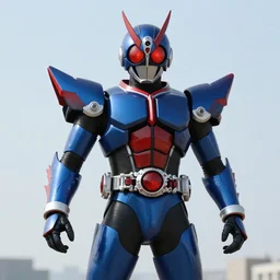 High Fantasy Kamen Rider, blue armor with red secondary color, 4k, glowing eyes, daytime, rubber suit, dragon inspired armor, Guyver Unit 1 Armor