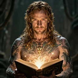 face-centred portrait of Bruce Willis in lord of the rings movie , body covered in elfish tattoos , open magic book glowing, D&D, fantasy, highly detailed, digital art, fantasy illustration, trending on artstation, smooth, sharp focus, illustration, art by artgem and ROBERT HYNES
