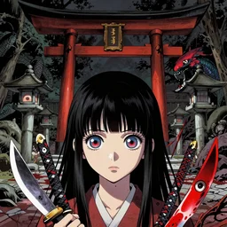 a comic book style japanese horror poster of girl with large eyes in front of a shrine by dan mumford, yusuke murata and junji ito, blood lines, yokai, shinigami, exorcism, kami, eyes, shurikens, kanji, kaiju, 8k, unreal engine, trending on artstation, pixiv, intricate details, volumetric lighting