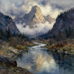 watercolor painting of small cold river, reflections, tall mountains and clouds, mythological art by hans gude, ambient lighting and shadows, cinematic light