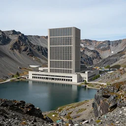 a high mountain landscape with lakes and a massive brutalist building, hyper detailed, photograph,