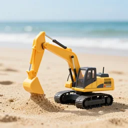 excavator toy, beach, sand, sea, depth of field, very detailed, holiday vibe, photo style, ultra realistic, high quality