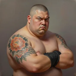 a head - on detailed oil portrait of a round - faced martial artist, with large floral tattoos on his arm, by charlie bowater, lise deharme, wlop, trending on artstation, dungeon and dragons art, l critical role
