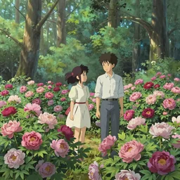 Rendering of a scene with forest full of peony，by Makoto Shinkai and thomas kinkade, fantasy matte painting, trending on cgsociety and unreal engine，light effect，highly detailed，super wide angle，