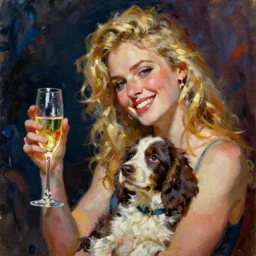 oil painting of blonde woman with a glass of champagne and a spaniel puppy with intense feeling and great poignancy. the characteristics of the painting are its strong colors, its deep shadows, and its overall feeling of great movement. the style of the painting is expressive and deeply emotional. happiness and love.