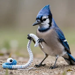 a new meme spreading wildly across the internet about a blue jay playing crochet with a worm