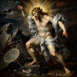 a chaos god looks down upon a destroyed world, renaissance painting by michael angelo, nightmarish