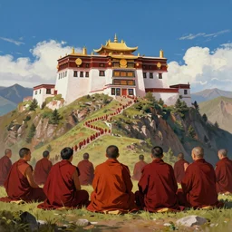 a beautiful painting of tibetan monks chanting on mountain top, trending on artstation,