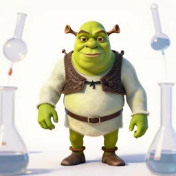 shrek in outer space with chemistry equipment, hyperrealistic, beautiful white lighting, digital art