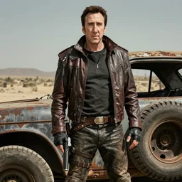 Nicolas Cage dressed as a wasteland raider from the Mad Max movies, wearing clothing fashioned from leather and old car tires and rusty metal.