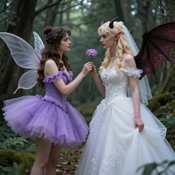 brunette fairy woman wearing a purple romantic tutu gives a flower to a blonde demon woman with bat wings wearing a white wedding dress, fantasy art, sharp focus, elegant, beautiful, amazing, astonishing, marvelous, incredible, forest background, by larry elmore
