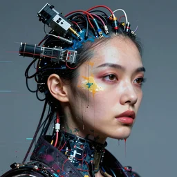 close up of a female cyberpunk, with electrical wires and computer cables coming from his head, by jeremy mann, francis bacon and agnes cecile, and dave mckean, h r giger, ink drips, paint smears, digital glitches, glitchart