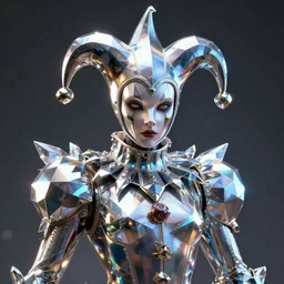 front shot of a court jester!!!! character, by artgerm greg rutkowski gustave dore, octane render, polished, glossy, holographic metallic, 8 5 mm f 1. 8 lit edges, ominous elegant luminous intricate quartz highly detailed concept, polygonal shards, artstation sharp focus ray tracing cinematic masterpiece fine portrait