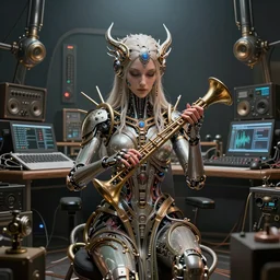 a centered photo of a mystical post apocalyptic cyborg goddess playing instruments in the most complicated and technical musical studio equipment, powerful, cinematic, beautifully lit, by artgerm, by karol bak, 3 d, perfect face and body, trending on artstation, octane render, 8 k
