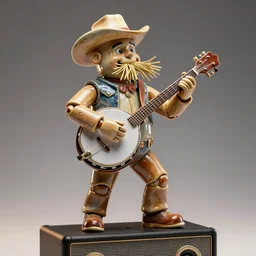 glazed ceramic sculpture of a country bumpkin robot playing a banjo, straw in his mouth, standing on a speaker, fantasy, studio lighting, rim lighting, high detail, hyper realistic, 8 k
