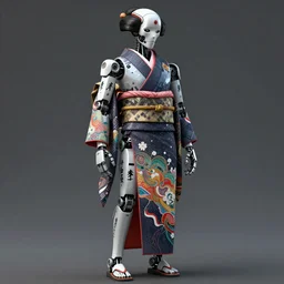 full body portrait of a generative design exoskeleton Japanese robot geisha with kanji tattoos and decals wearing a digital pixelated kimono, intricate design, photorealistic, octane render, raytraced, ultra fine detailed, character design, trending on artstation