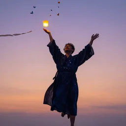 an ecstatic man in a starry robe rising through the twilight sky, with lanterns, streamers, and butterflies floating around him