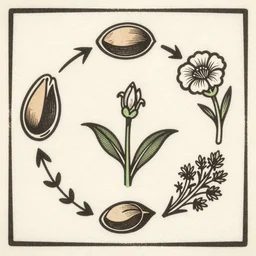 japanese woodcut of a natural cycle of a plant from seed to bloom to decay, the cirkle of an unfolding seed, growth, bloom and decay