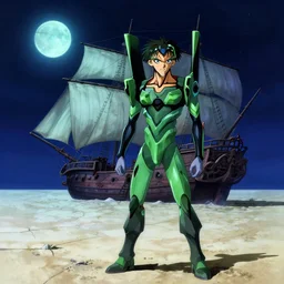 turquoise moonlight, a green pirate stands beside his wrecked full sail fifteenth century carrack at the bottom of a dried - up lake in an ivory desert beneath a starless night sky, evangelion, kyoto animation still, intricately detailed features, digital painting, yoshiyuki sadamoto