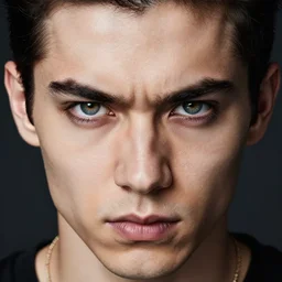 a photograph of a young man, heavy metal fan, fierce expression, dof, sharp focus, highly detailed face, symmetric face, realistic iris, cinestill 8 0 0 t, photography by marcus yam