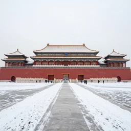 the Palace Museum in the snow,symmetric perspective.