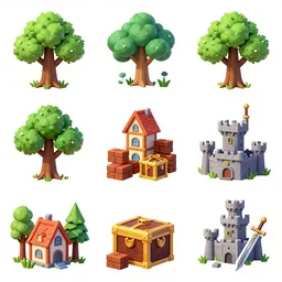 Nine separated  HD, 8k, antialized, props contaning trees, houses, box, treasures, bricks, castle, swords, and magic weapons from a game asset concept  by Jen Zee, Rossdraws, James Jean, Andrei Riabovitchev, 2d side scrolling game , and Sakimichan, trending on artstation , assets