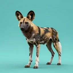 A portrait of an african wild dog in teal and brown, in a futuristic geometric style with triangles, dissolving into a white background