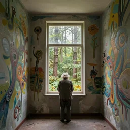 interior of brutalist style housing unit, neoplastic paintings as walls, an old person looking the forest landscape through a tall window, very detailed, octane render, hyperrealistic picture
