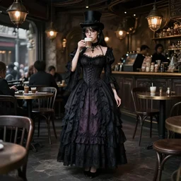 full body portrait photo of reol wearing a elegant gothic dress, open top, wearing a tophat, and glasses. drinking coffee in a busy steampunk cafe interior, dusk, ( ( photograph ) ), moody, very dark, realistic
