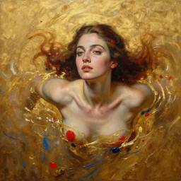 abstract oil matte portrait painting, women infused and swimming in a golden liquid partially covered, red dollops, blue strains, detailed faces, wonderful masterpiece, highly detailed, beautiful cinematic light, deep focus, elegant, smooth, sharp focus, golden ratio, dramatic illumination, ultra realistic, 8 k, art by caravaggio