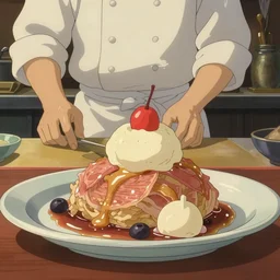 a delicious beautiful dish of food, amazing food illustration, chef table, in style of studio ghibli, miyazaki, anime