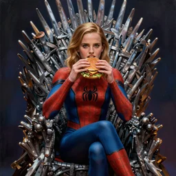emma watson in a spiderman suit sitting on the iron throne, eating a hamburger, by samdoesarts and rossdraws, intricate painting, global illumination