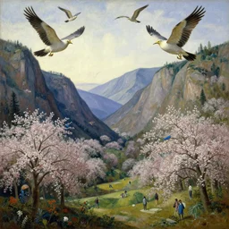 a valley with trees in flower. giant birds flying. full - length, oil painting in a modern style, very detailed, painted by caravaggio, sachin teng, thomas kindkade, enki bilal, tony sandoval, norman rockwell, tom bagshaw.