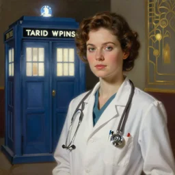 the doctor and the TARDIS in an art deco painting style
