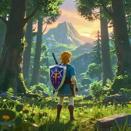link legend of zelda with shield on his back standing at a forest looking for adventure in the mountains, tall trees, landscape is lush, moody sunset in background, greg rutkowski, alphonse mucha, trending on artstation, artgerm, unreal engine, breathtaking, award winning, highly detailed