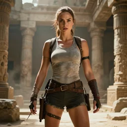 gal gadot in tomb raider outfit background of a ruin temple, cinematic, photo realistic, dynamic lighting, photography, 4 k, hdr render, epic, high detail, volumetric lighting - n 4