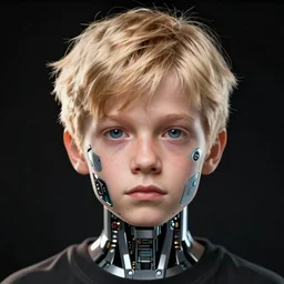 portrait of a young, blond boy with cybernetic implants on his face, dramatic lighting, illustration by greg rutkowski, yoji shinkawa, 4 k, digital art, concept art, trending on artstation
